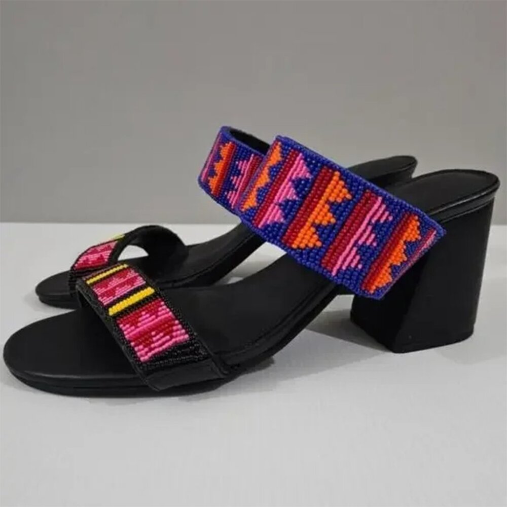 FARM RIO Beaded Sandal Block Heel Slide Shoe Black SIZE 10/41